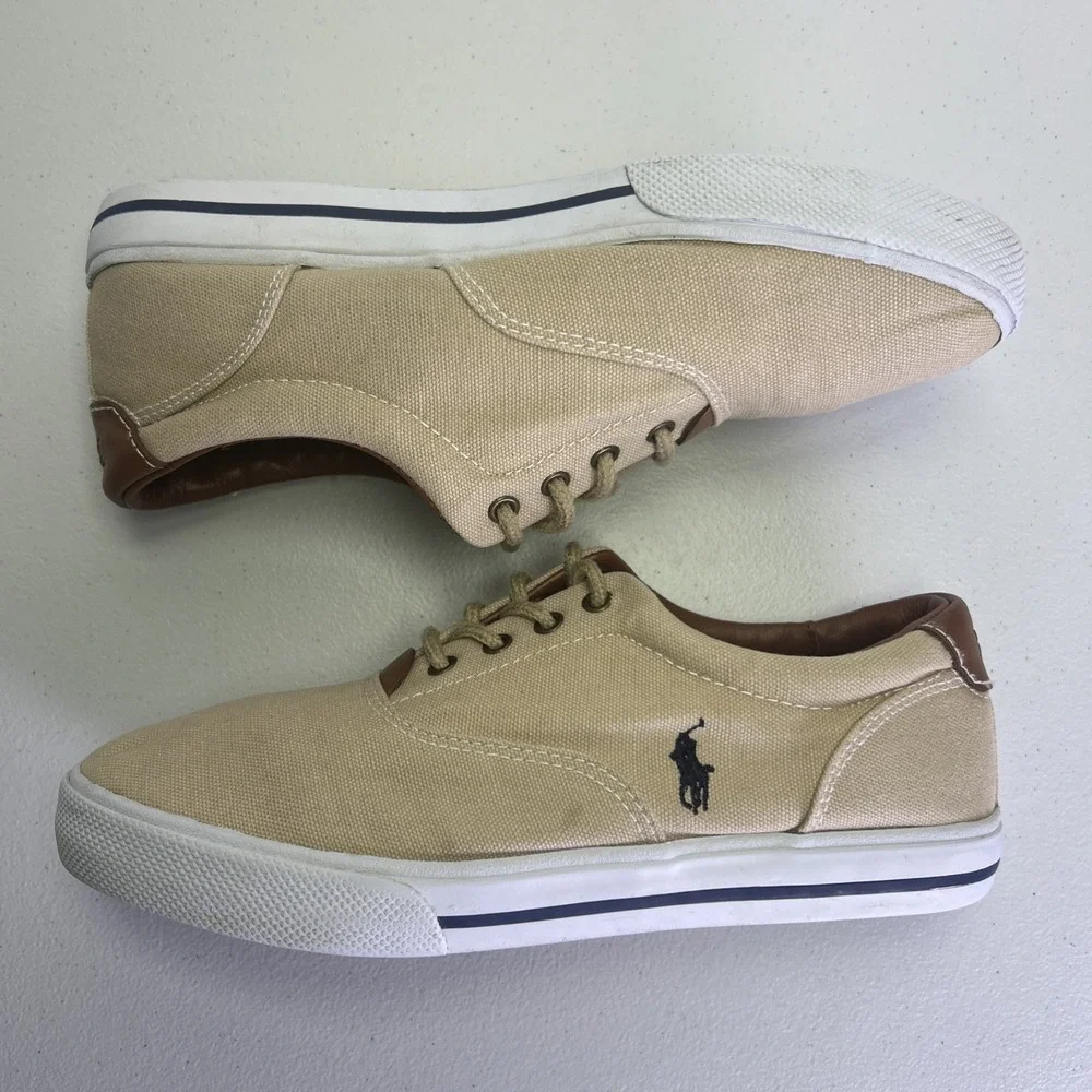 Polo Ralph Lauren Vaughn Low Top Canvas Shoes Size 6.5 Beige Tan Leather Trim